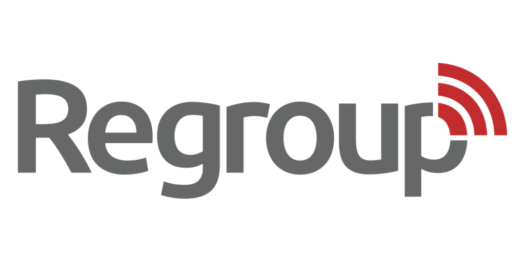 Regroup Logo in gray and red.