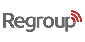 Regroup Logo in gray and red.