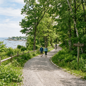 Two people walking and a cyclist on a tree-lined gravel trail overlooking a harbor with boats